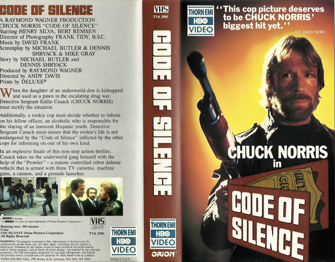CODE OF SILENCE CHUCK NORRIS, ACTION VHS COVER, HORROR VHS COVER, BLAXPLOITATION VHS COVER, HORROR VHS COVER, ACTION EXPLOITATION VHS COVER, SCI-FI VHS COVER, MUSIC VHS COVER, SEX COMEDY VHS COVER, DRAMA VHS COVER, SEXPLOITATION VHS COVER, BIG BOX VHS COVER, CLAMSHELL VHS COVER, VHS COVER, VHS COVERS, DVD COVER, DVD COVERS