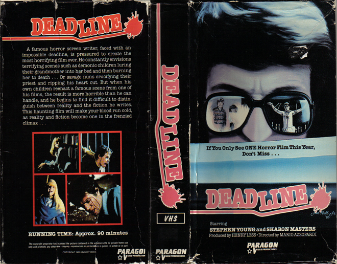 DEADLINE PARAGON VIDEO, HORROR, ACTION EXPLOITATION, ACTION, HORROR, SCI-FI, MUSIC, THRILLER, SEX COMEDY,  DRAMA, SEXPLOITATION, VHS COVER, VHS COVERS, DVD COVER, DVD COVERS