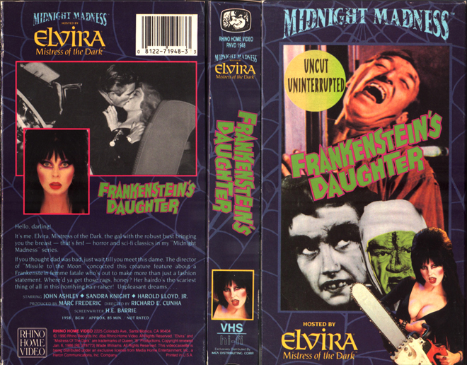 FRANKENSTEINS DAUGHTER HOSTED BY ELVIRA, ACTION VHS COVER, HORROR VHS COVER, BLAXPLOITATION VHS COVER, HORROR VHS COVER, ACTION EXPLOITATION VHS COVER, SCI-FI VHS COVER, MUSIC VHS COVER, SEX COMEDY VHS COVER, DRAMA VHS COVER, SEXPLOITATION VHS COVER, BIG BOX VHS COVER, CLAMSHELL VHS COVER, VHS COVER, VHS COVERS, DVD COVER, DVD COVERS