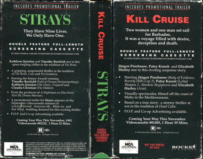 KILL CRUISE AND STRAYS, ACTION VHS COVER, HORROR VHS COVER, BLAXPLOITATION VHS COVER, HORROR VHS COVER, ACTION EXPLOITATION VHS COVER, SCI-FI VHS COVER, MUSIC VHS COVER, SEX COMEDY VHS COVER, DRAMA VHS COVER, SEXPLOITATION VHS COVER, BIG BOX VHS COVER, CLAMSHELL VHS COVER, VHS COVER, VHS COVERS, DVD COVER, DVD COVERS