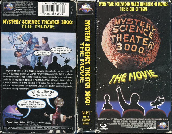 MYSTERY SCIENCE THEATER 3000 THE MOVIE, ACTION, HORROR, BLAXPLOITATION, HORROR, ACTION EXPLOITATION, SCI-FI, MUSIC, SEX COMEDY, DRAMA, SEXPLOITATION, BIG BOX, CLAMSHELL, VHS COVER, VHS COVERS, DVD COVER, DVD COVERS