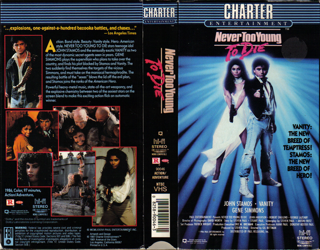 NEVER TO YOUNG TO DIE, JOHN STAMOS, CHARTER ENTERTAINMENT, VHS COVERS, VHS COVER 