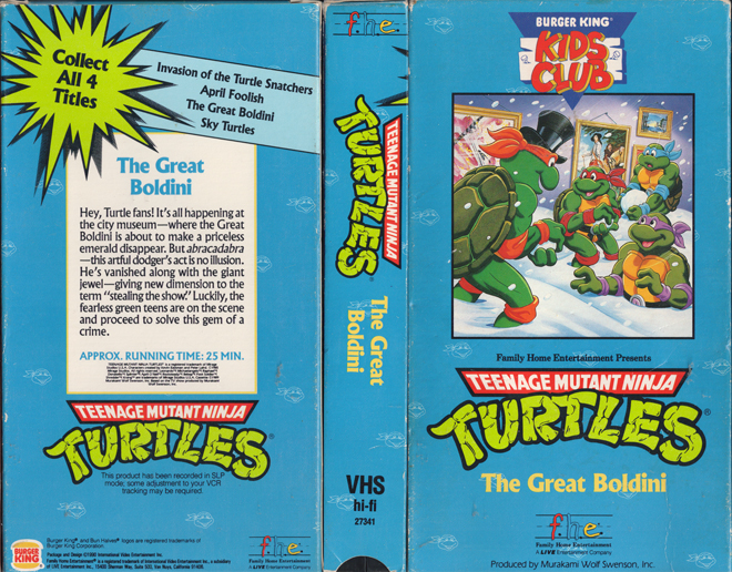 TEENAGE MUTANT NINJA TURTLES : THE GREAT BOLDINI BURGER KING KIDS CLUB VHS COVER, VHS COVERS