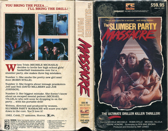 THE SLUMBER PARTY MASSACRE, ACTION VHS COVER, HORROR VHS COVER, BLAXPLOITATION VHS COVER, HORROR VHS COVER, ACTION EXPLOITATION VHS COVER, SCI-FI VHS COVER, MUSIC VHS COVER, SEX COMEDY VHS COVER, DRAMA VHS COVER, SEXPLOITATION VHS COVER, BIG BOX VHS COVER, CLAMSHELL VHS COVER, VHS COVER, VHS COVERS, DVD COVER, DVD COVERS