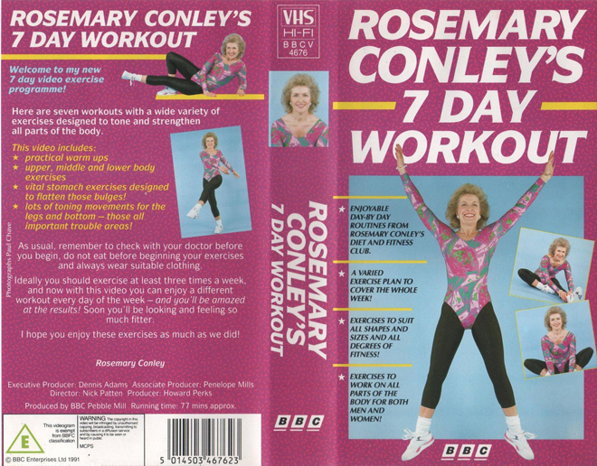 ROSEMARY CONLEYS 7 DAY WORKOUT VHS, ACTION VHS COVER, HORROR VHS COVER, BLAXPLOITATION VHS COVER, HORROR VHS COVER, ACTION EXPLOITATION VHS COVER, SCI-FI VHS COVER, MUSIC VHS COVER, SEX COMEDY VHS COVER, DRAMA VHS COVER, SEXPLOITATION VHS COVER, BIG BOX VHS COVER, CLAMSHELL VHS COVER, VHS COVER, VHS COVERS, DVD COVER, DVD COVERS