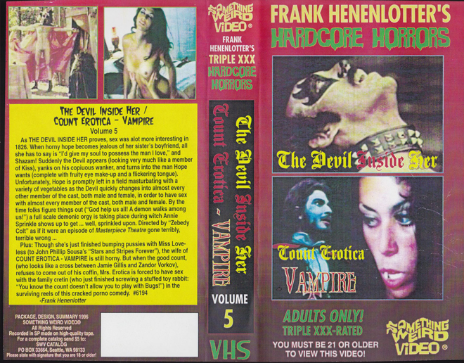 THE DEVIL INSIDE HER AND COUNT EROTICA VAMPIRE, SOMETHING WEIRD VIDEO, SWV, HORROR, ACTION EXPLOITATION, ACTION, HORROR, SCI-FI, MUSIC, THRILLER, SEX COMEDY,  DRAMA, SEXPLOITATION, VHS COVER, VHS COVERS, DVD COVER, DVD COVERS