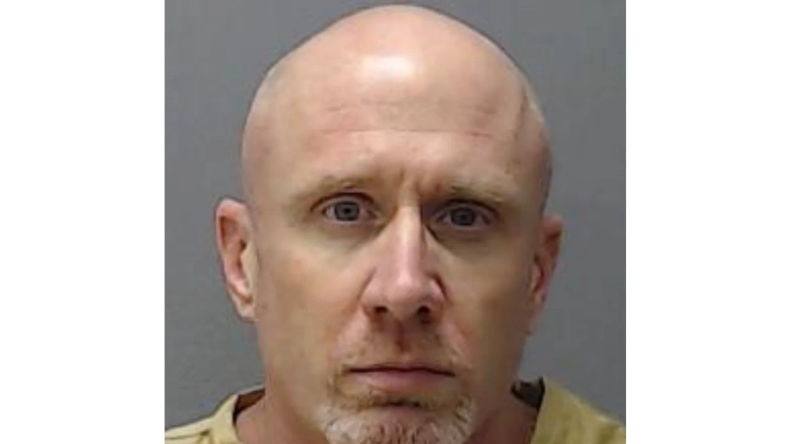 Sean Lannon, bald with a graying goatee, in a booking photograph against a gray wall