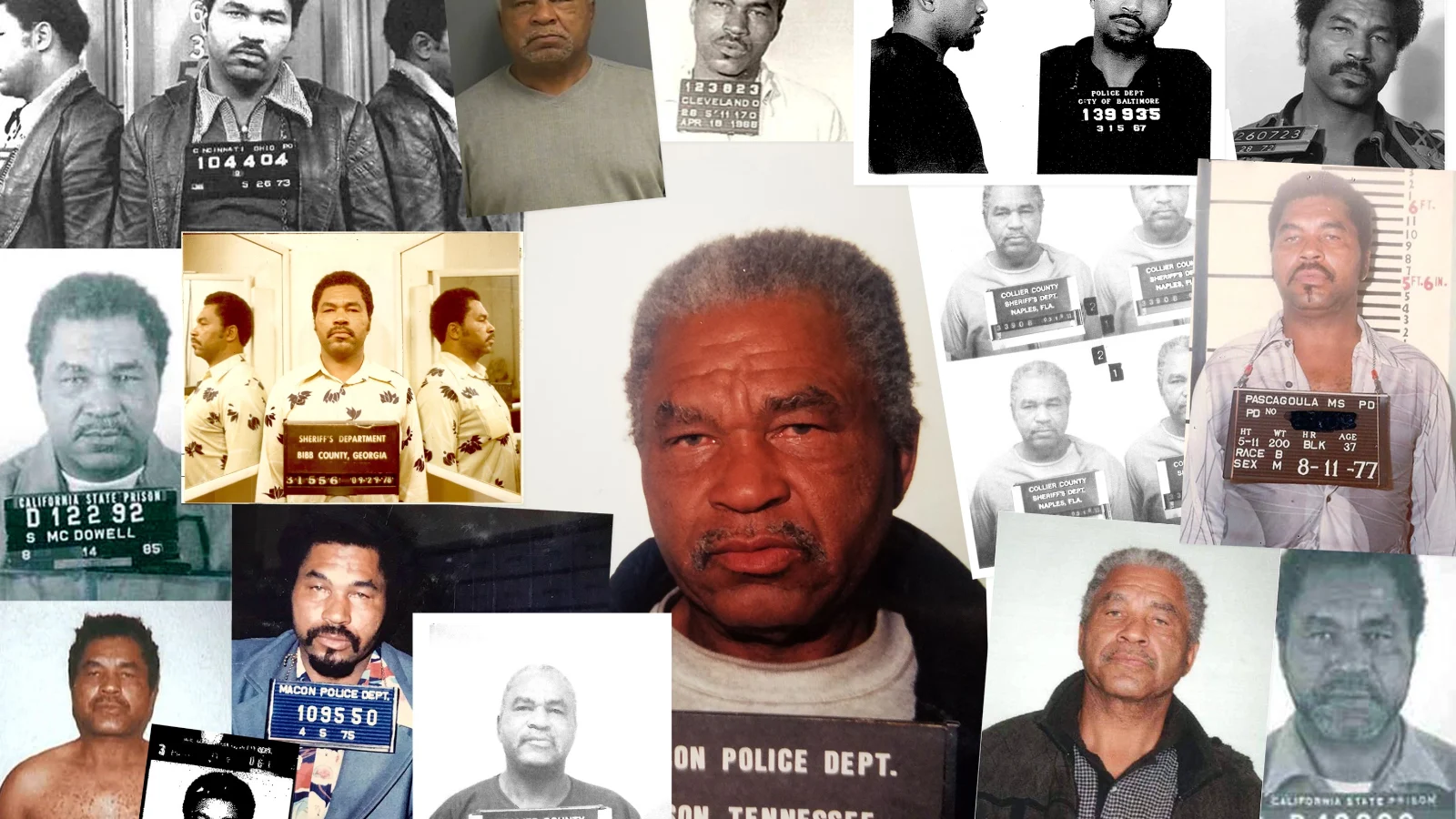 Collage of police booking photographs of Samuel Little taken over several decades