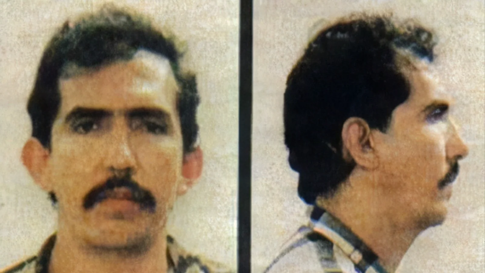Front and profile police photographs of Luis Alfredo Garavito, mustached, in a checked shirt