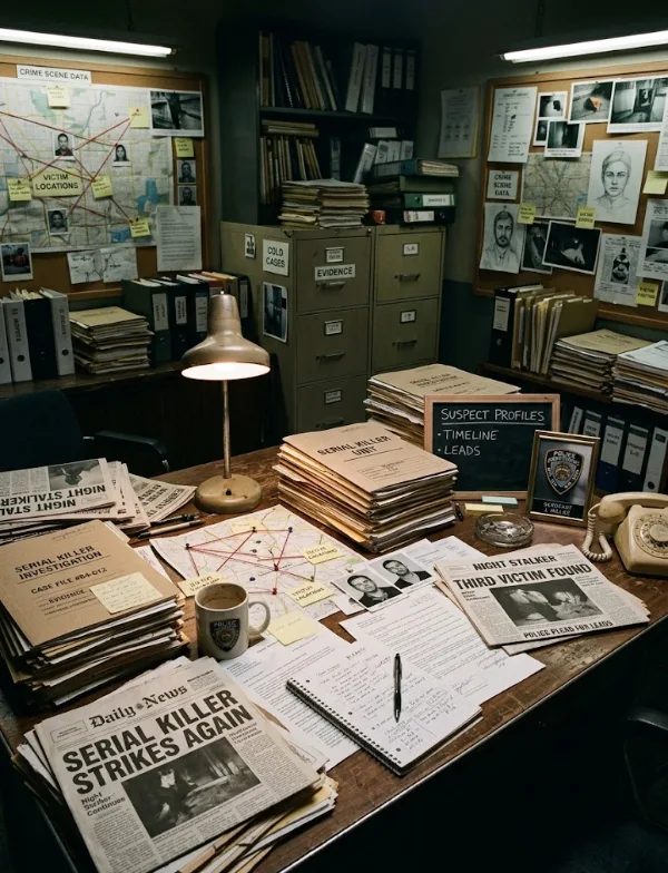 Illustration: a detective's desk covered in case files, newspapers and a map of victim locations