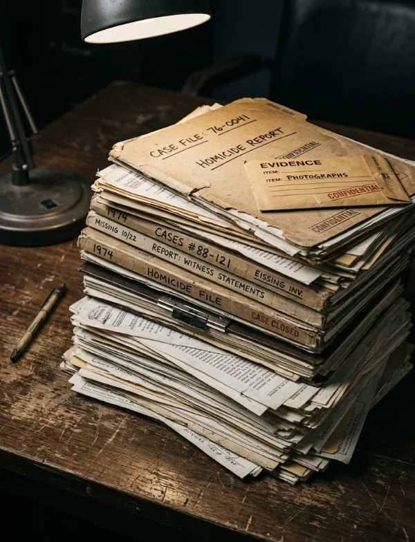 Illustration: a tall stack of worn homicide case files under a desk lamp