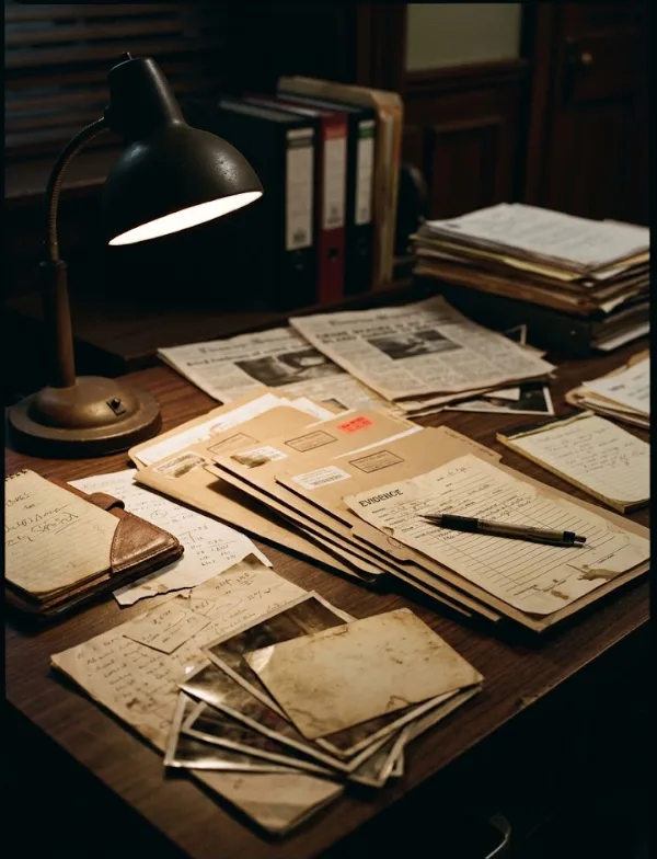 Illustration: evidence folders, notebooks and old photographs spread under a desk lamp