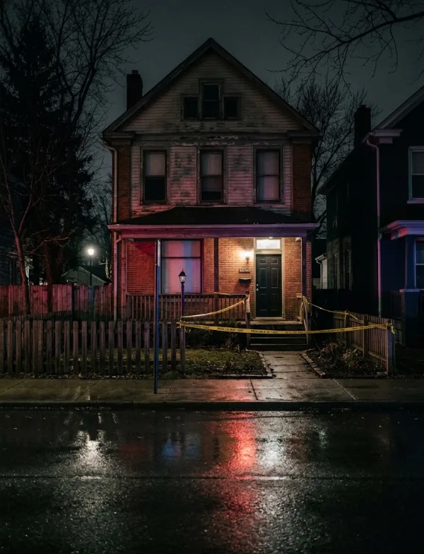Illustration: a house at night behind crime scene tape on a wet street