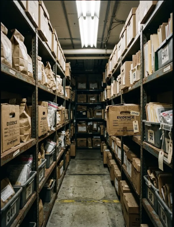 Illustration: aisles of shelved evidence boxes and bags in a police property room
