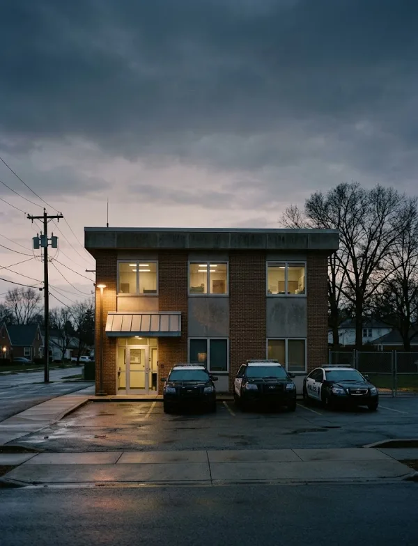 Illustration: a small brick police station at dusk with patrol cars outside