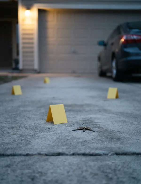 Illustration: yellow numbered-style evidence markers (blank) on a driveway at dawn