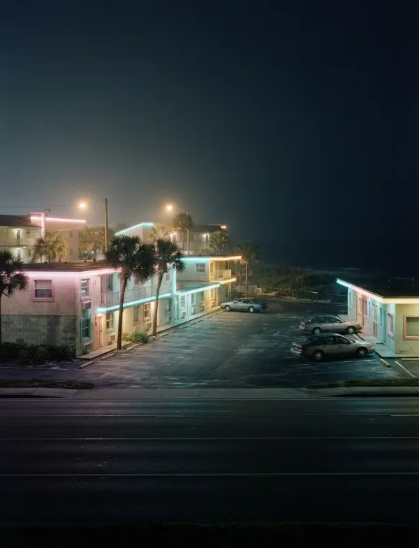 Illustration: a strip of motels in a Florida beach town at night
