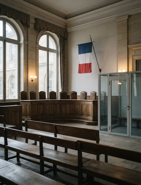 Illustration: an empty French cour d'assises courtroom
