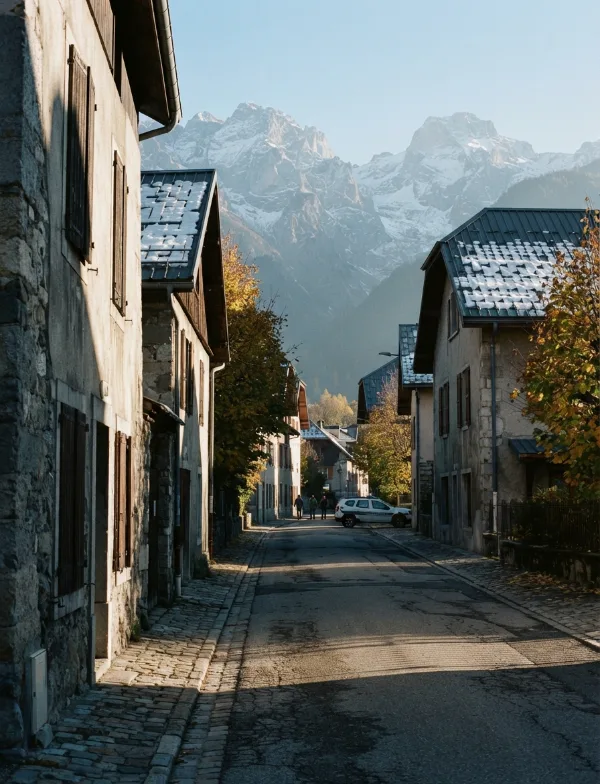 Illustration: a French Alpine town street below the mountains, a police car far down the road