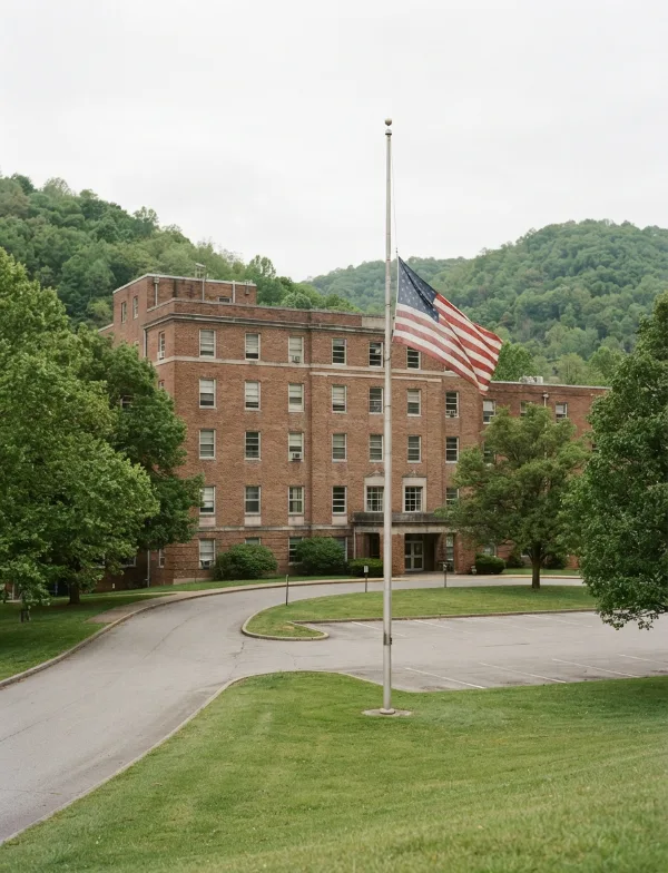 Illustration: a veterans hospital building with an American flag on the lawn