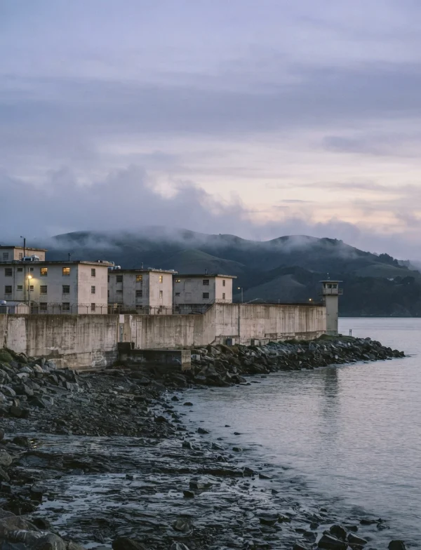 AI-generated illustration, not the real place or event: an old prison on a rocky bay shore at dusk