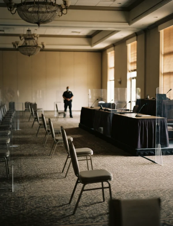 AI-generated illustration, not the real place or event: a ballroom set up as a temporary courtroom with spaced chairs