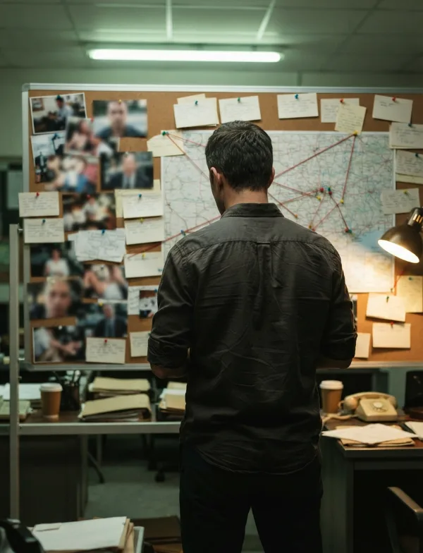 Illustration: detective studying an investigation board