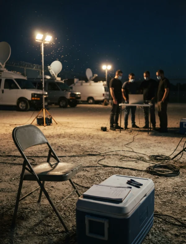 AI-generated illustration, not the real place or event: a press staging area outside a prison on a summer night, folding chairs and TV lights