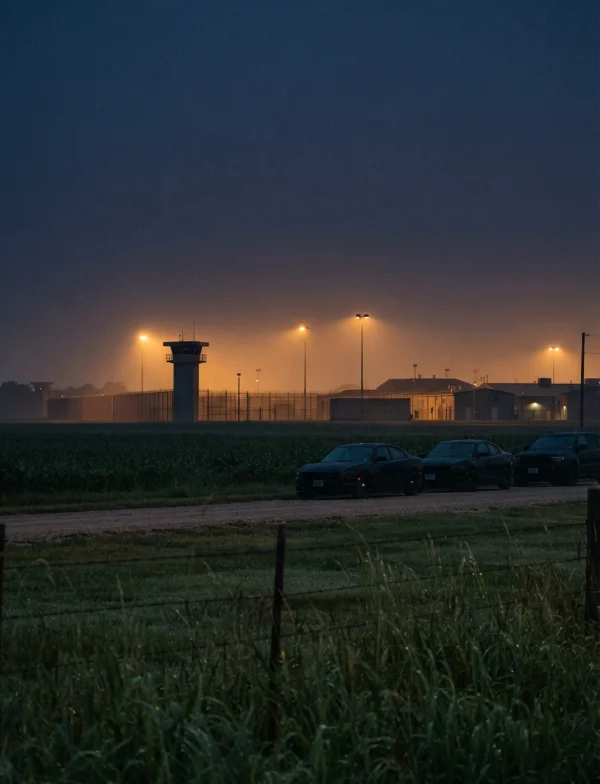 AI-generated illustration, not the real place or event: a prison fence and guard tower under orange lights before dawn