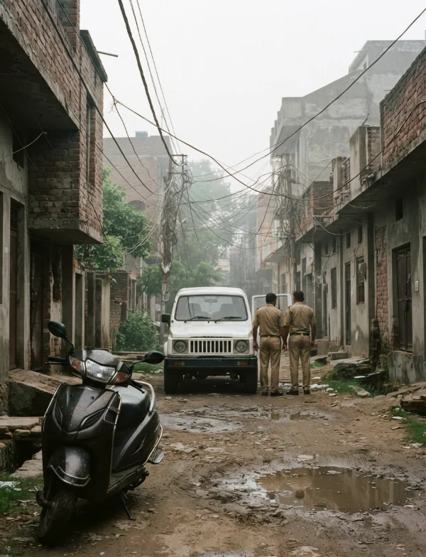 AI-generated illustration, not the real place or event: a narrow lane on a city outskirts in hazy light, a police vehicle parked