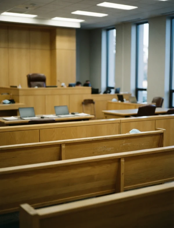 AI-generated illustration, not the real place or event: an empty modern courtroom with wooden benches