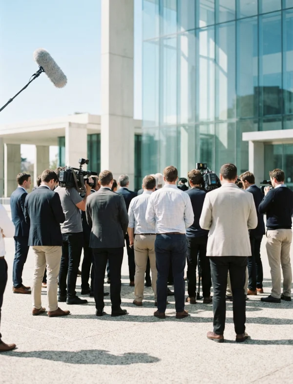 AI-generated illustration, not the real place or event: reporters and cameras waiting outside a glass courthouse on a bright day