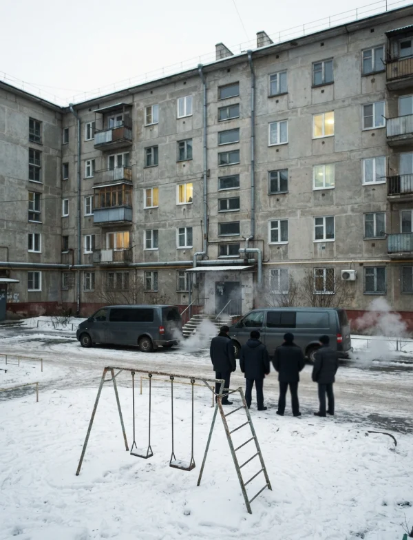 AI-generated illustration, not the real place or event: a Soviet-era apartment block courtyard in snow, figures standing in the cold