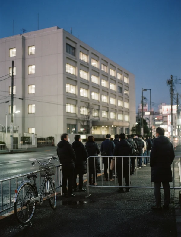 AI-generated illustration, not the real place or event: a courthouse building at winter dusk with a crowd waiting at the barrier