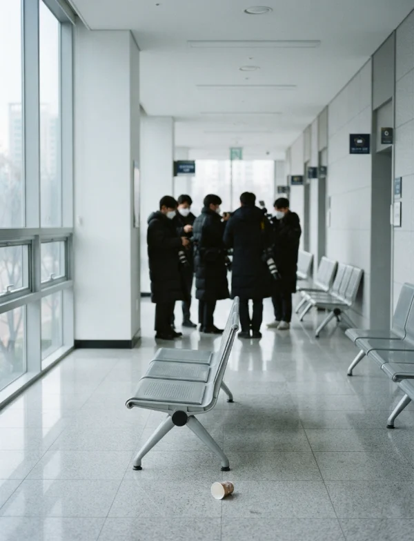 AI-generated illustration, not the real place or event: a bright courthouse hallway with people in dark coats waiting
