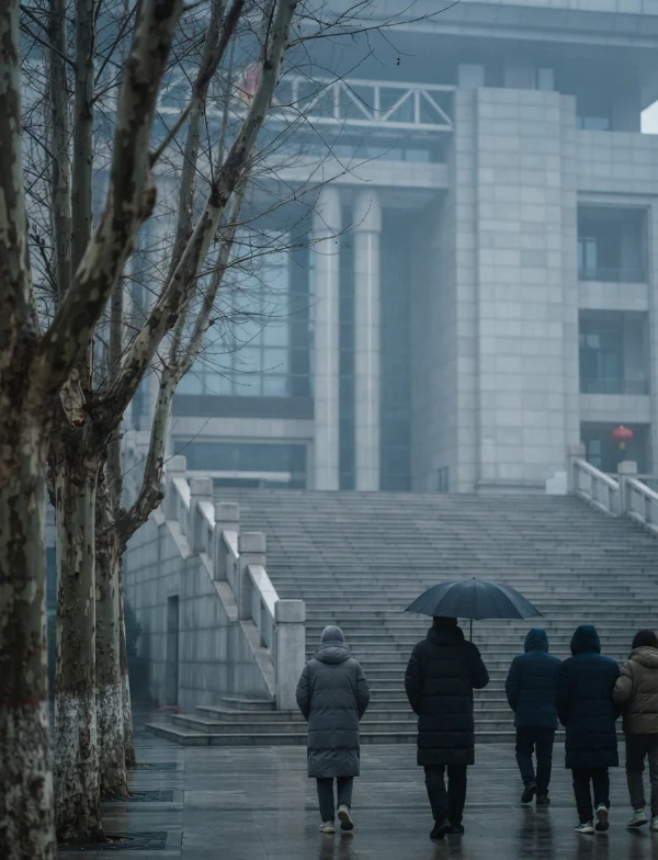 AI-generated illustration, not the real place or event: a large stone courthouse up a flight of steps in winter mist