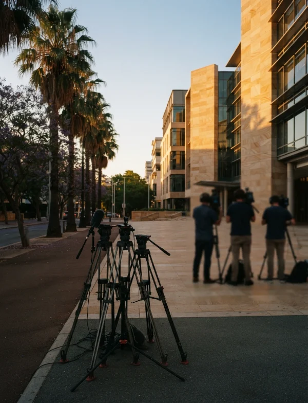 AI-generated illustration, not the real place or event: camera tripods on a palm-lined street outside a courthouse at evening