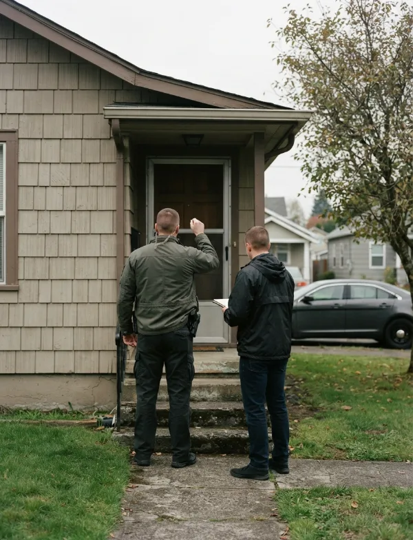 Illustration: two detectives at a front door on a suburban porch, seen from behind