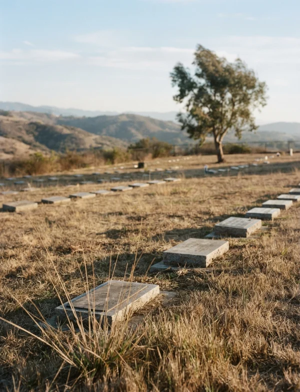 AI-generated illustration, not the real place or event: flat grave markers on a dry hillside under a lone tree