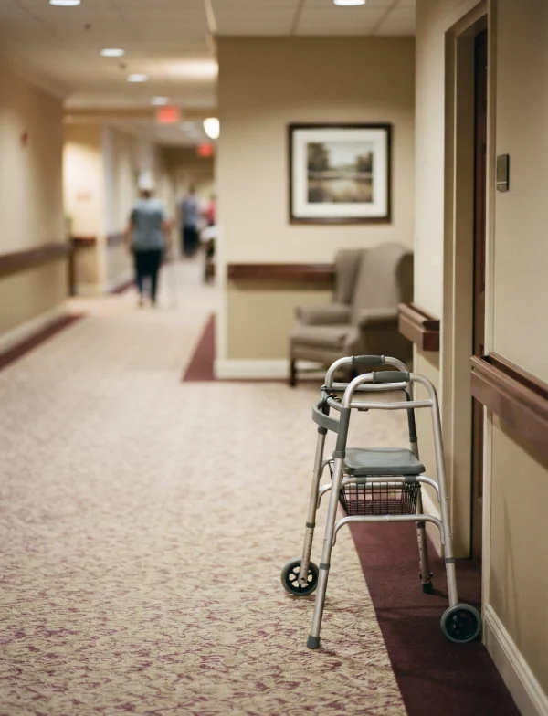 AI-generated illustration, not the real place or event: a quiet senior-living hallway with a walker beside a chair