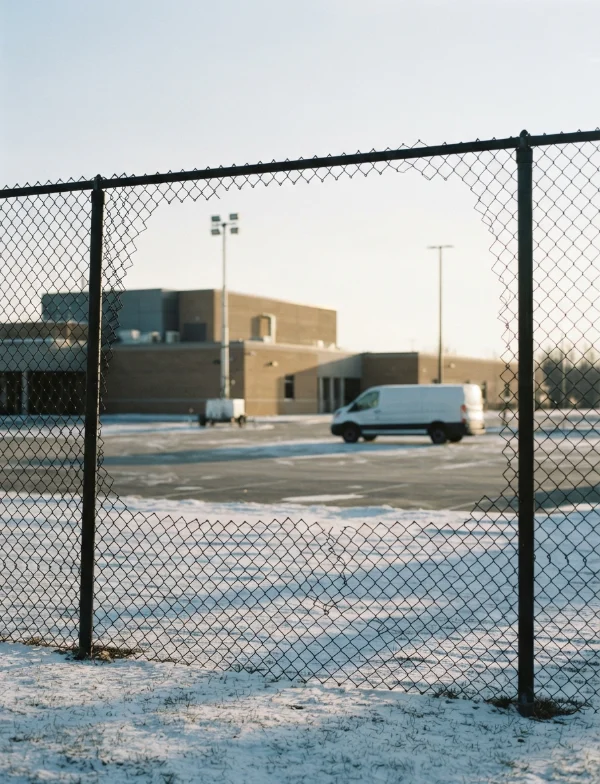 AI-generated illustration, not the real place or event: a prison medical building behind a chain-link fence in winter