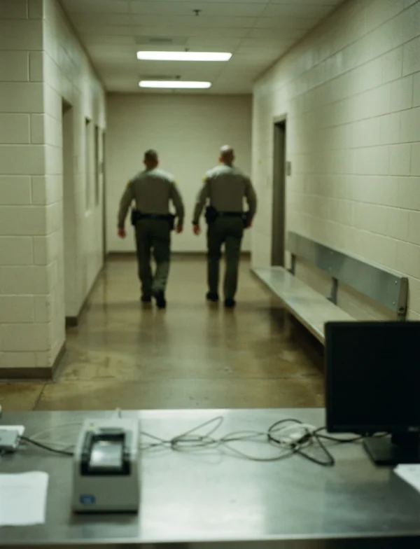 AI-generated illustration, not the real place or event: a jail booking corridor with two officers walking away