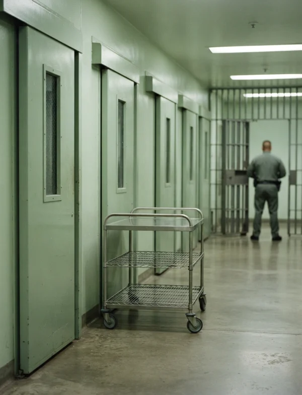 AI-generated illustration, not the real place or event: a pale prison cell corridor with an officer and a cart