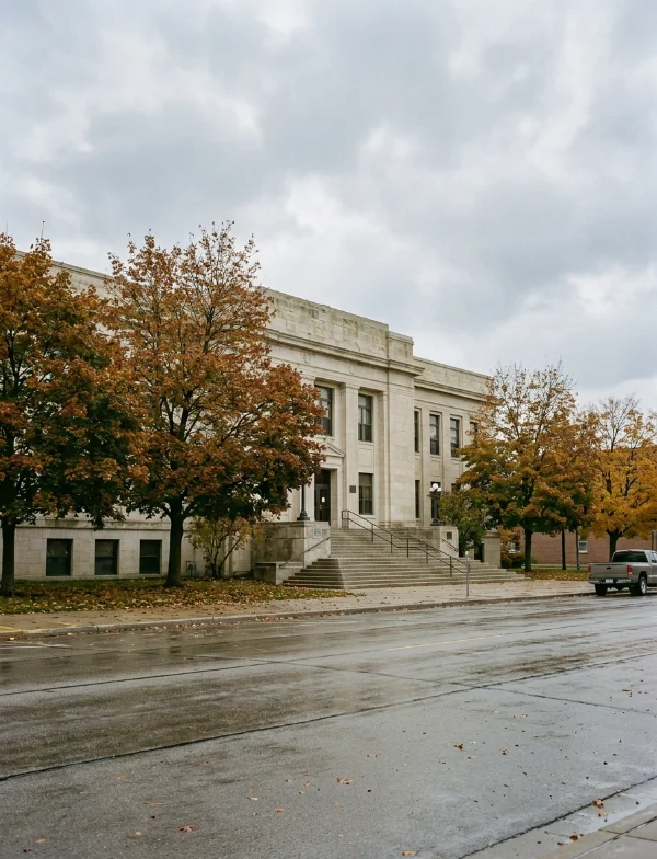 Illustration: a pale stone courthouse behind autumn trees on an overcast day