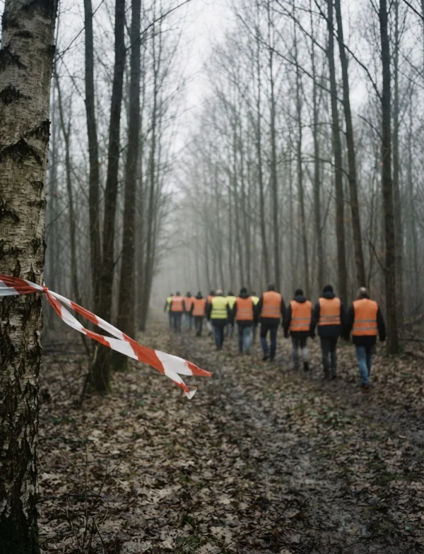 Illustration: a search team in orange vests walking into a misty winter wood past a strip of cordon tape