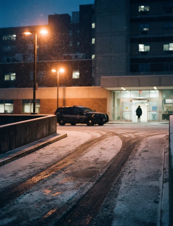 Illustration: a hospital entrance on a snowy winter night, a dark SUV parked under the lamps