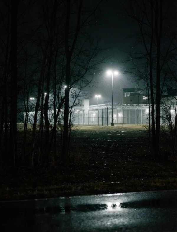 Illustration: a floodlit prison fence topped with razor wire, seen through bare trees on a rainy winter night