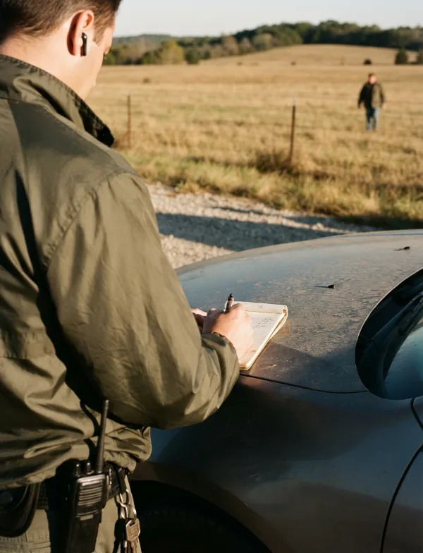 Illustration: investigator writing in a notebook on a car hood at a rural roadside scene