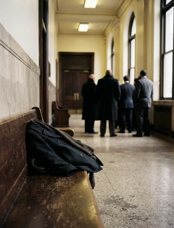 Illustration: an empty courthouse hallway with benches and closed courtroom doors. Not the actual courthouse.