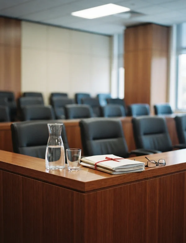 Illustration: a courtroom bench with a water carafe, a glass and tied case papers in front of empty seats. Not the actual courtroom.